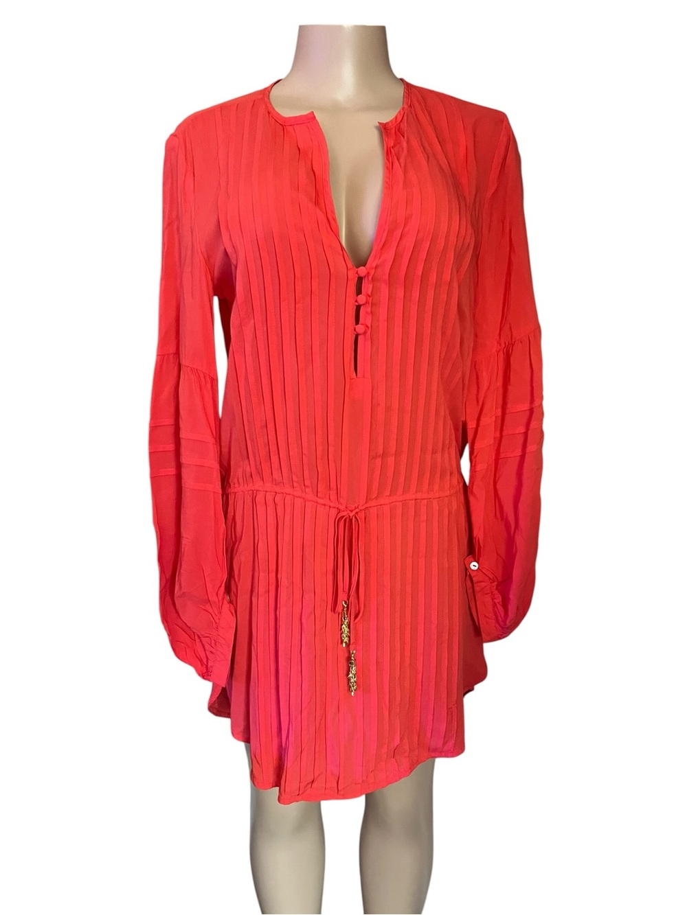 Pleated Coral Long-Sleeve V-Neck Tunic with Waist Tie